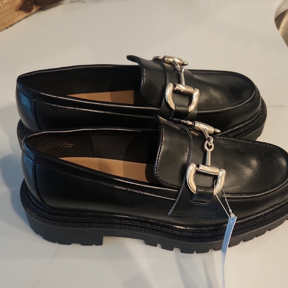 H&M Shoes - Black Leather Loafers with Silver Buckle